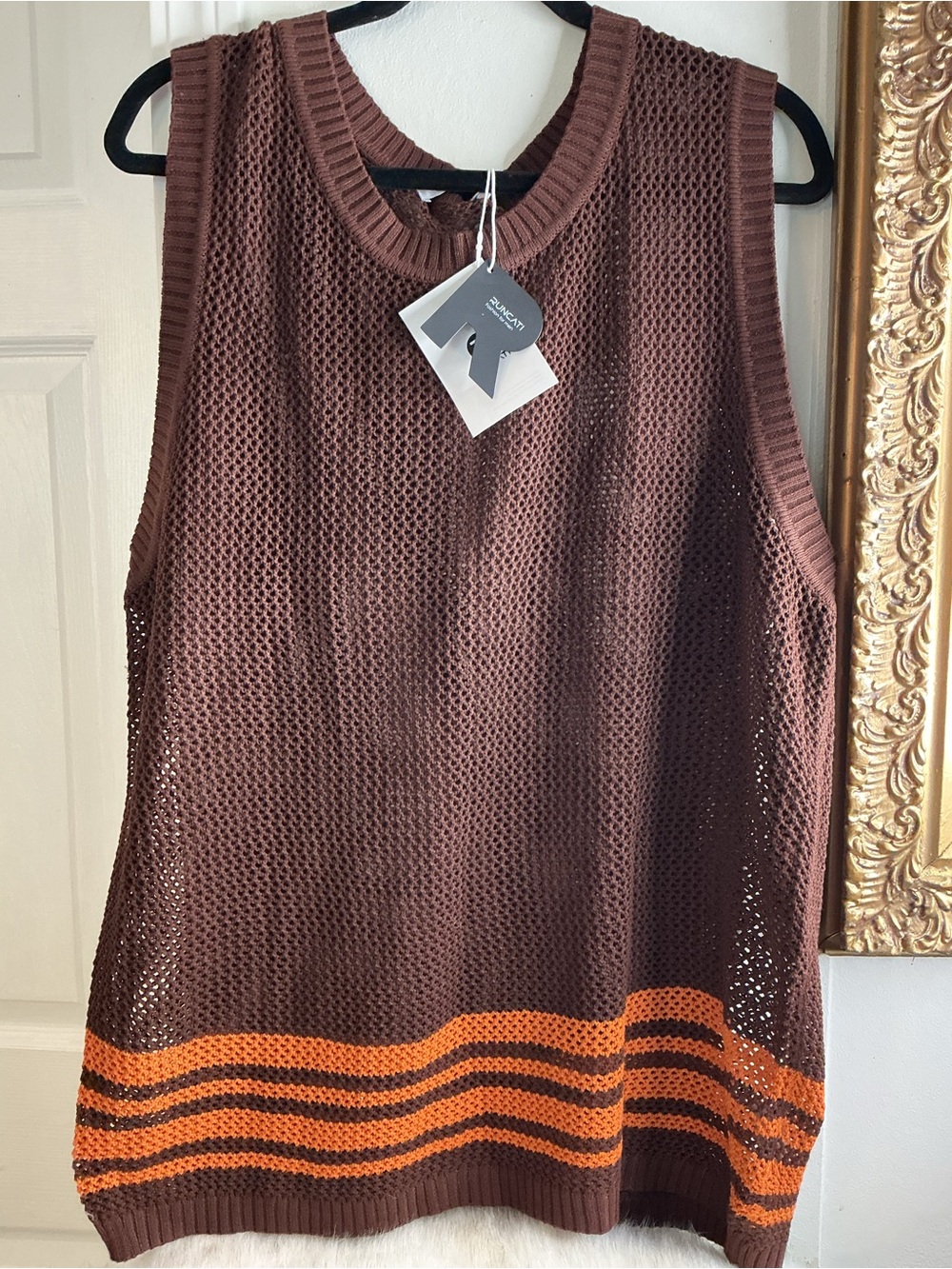Brown Mesh Knit Sleeveless Sweater with Orange Stripe